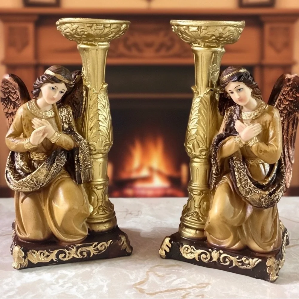 Gold Angel Candle Holders Pair - Decorative Home Accent